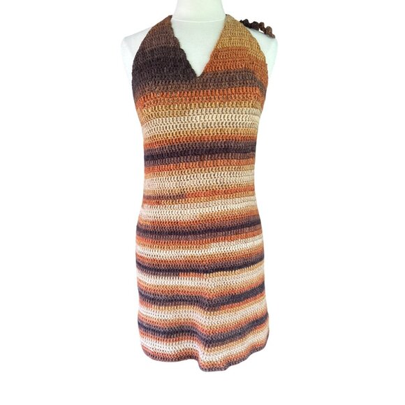 Handmade Crochet Halter Dress With Earthy Striped Pattern - Picture 3 of 7